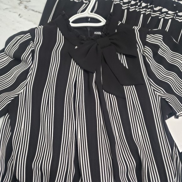 [NEW] Karl Lagerfeld Paris Striped Chiffon Dress/Bow Neck/Black Dress (Size 4) - Picture 4 of 11